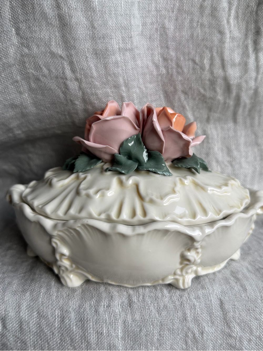 Porcelain Floral Covered Dish with Pink Roses